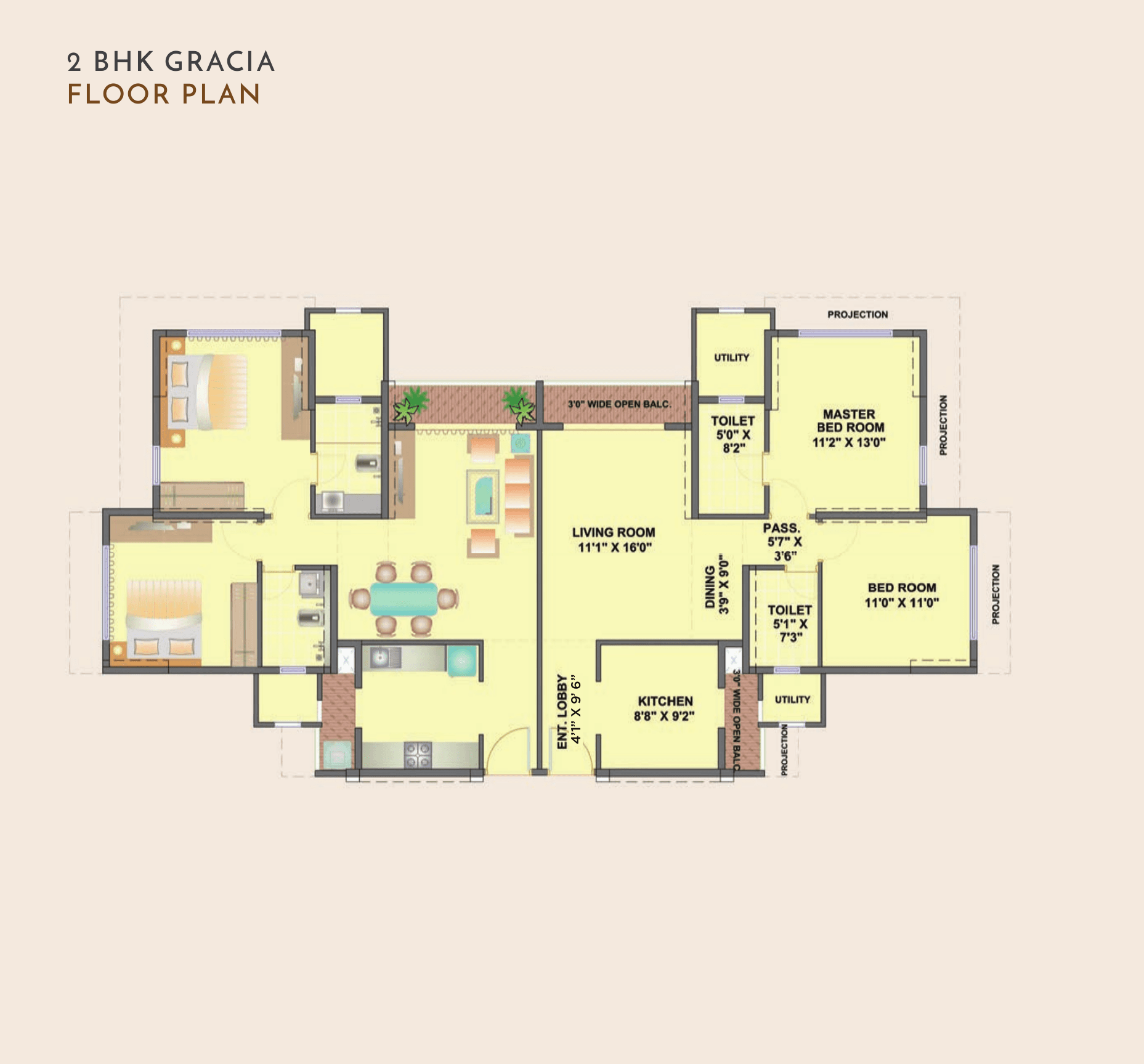 2 BHK Gracia floor plan at Ekta Tripolis, Goregaon West — 728 sq ft carpet area