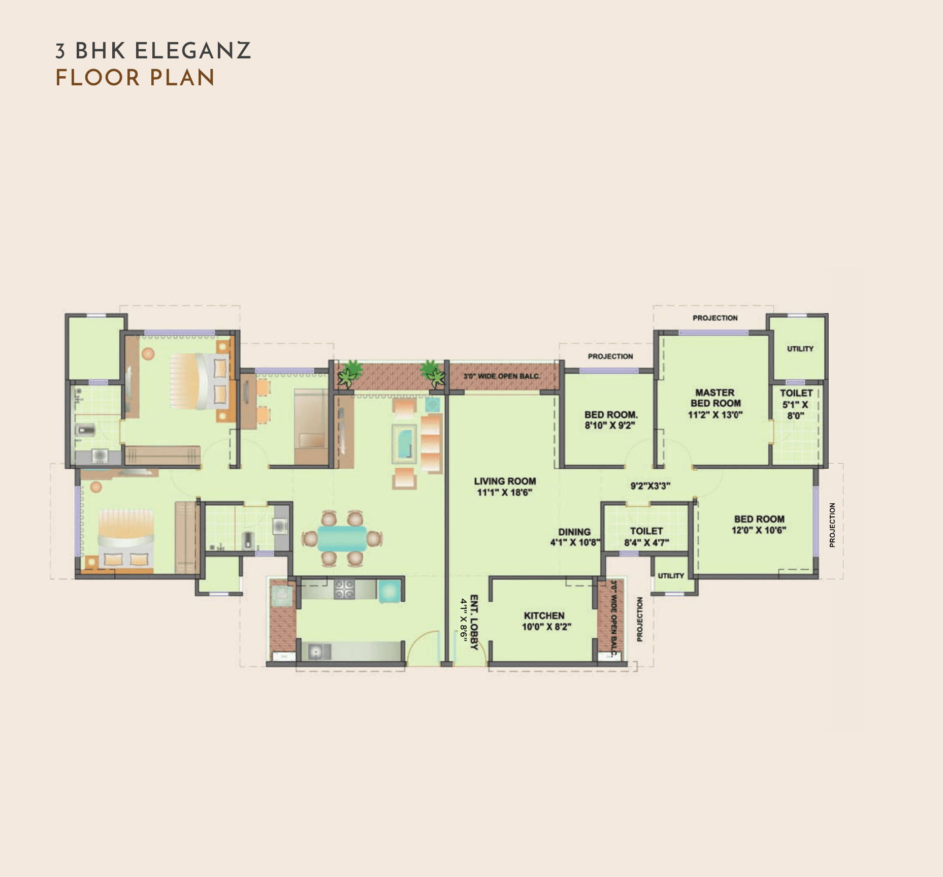 3 BHK Eleganz floor plan at Ekta Tripolis, Goregaon West — 862 sq ft carpet area