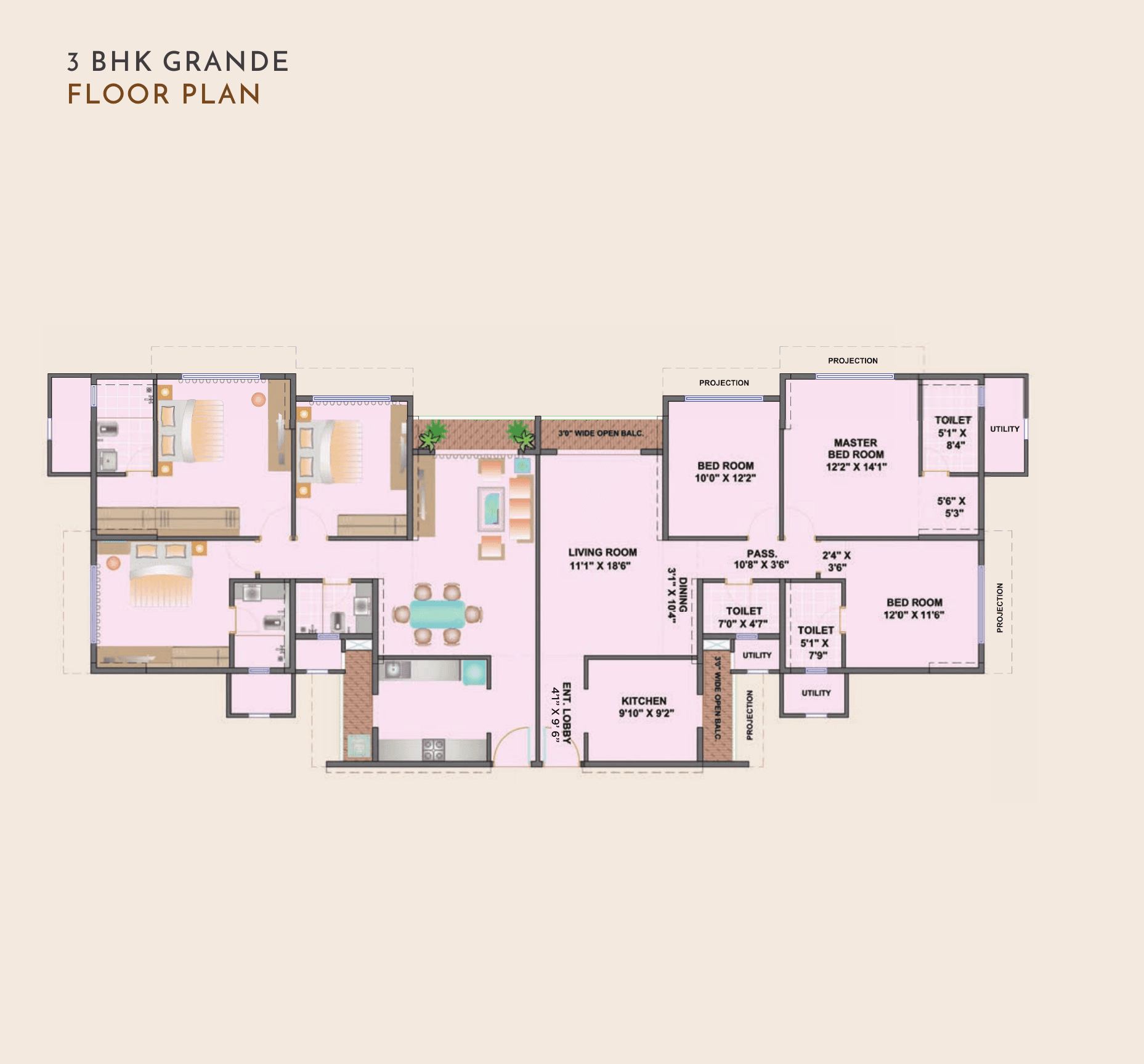 3 BHK Grande floor plan at Ekta Tripolis, Goregaon West — 1031 sq ft carpet area